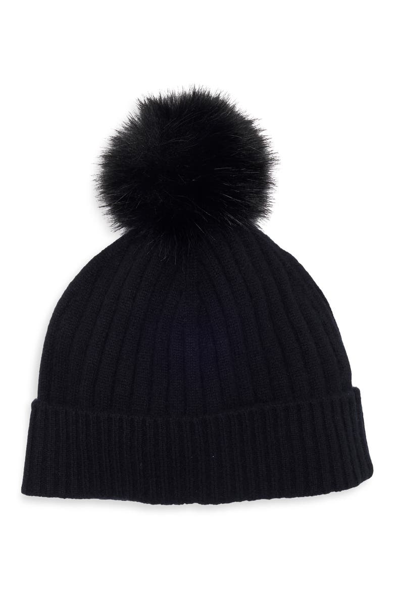 Cashmere Rib Beanie with Pom, Main, color, BLACK ROCK