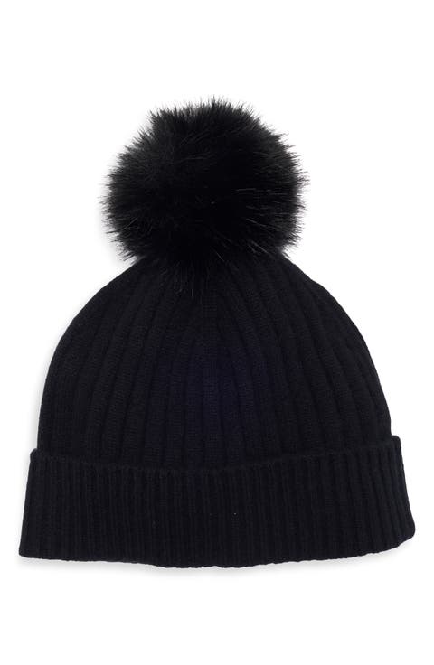 Cashmere Rib Beanie with Pom