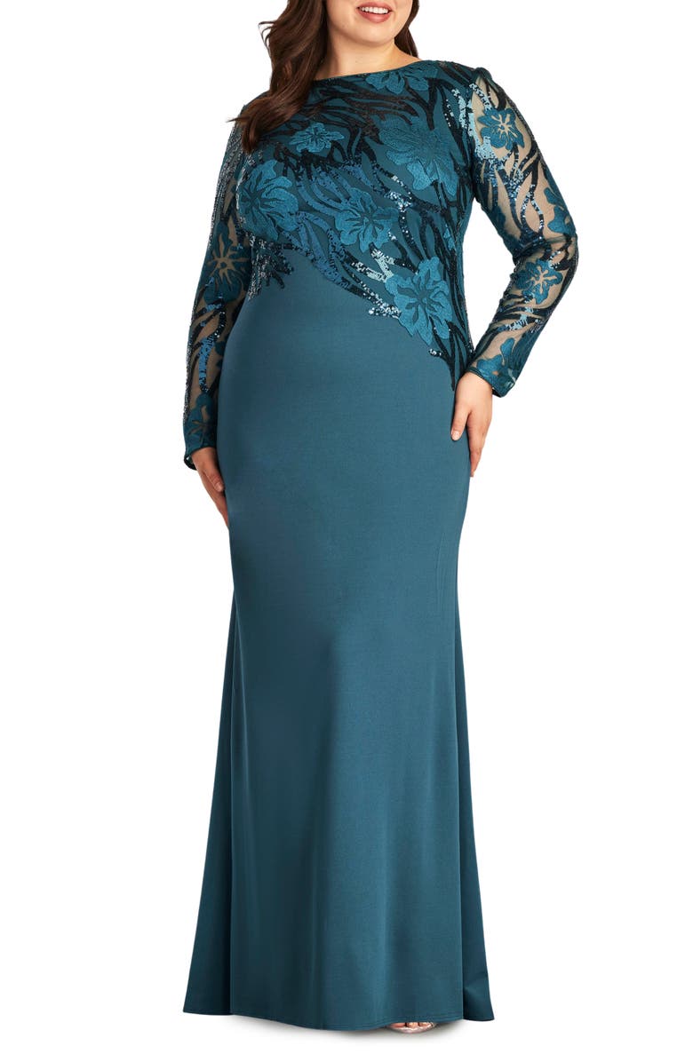 Tadashi Shoji Sequin Floral Jacquard Long Sleeve Gown, Alternate, color, 