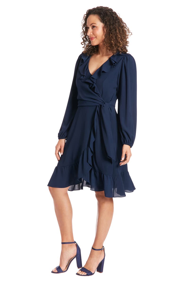 London Times Catalina Long Sleeve Ruffle Wrap Dress, Alternate, color, Navy