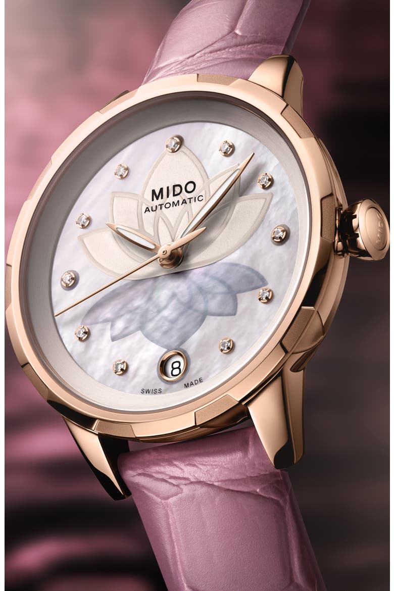 Rainflower Diamond Night Mode Automatic Leather Strap Watch, 34mm, Alternate, color, WHITE MOTHER OF PEARL