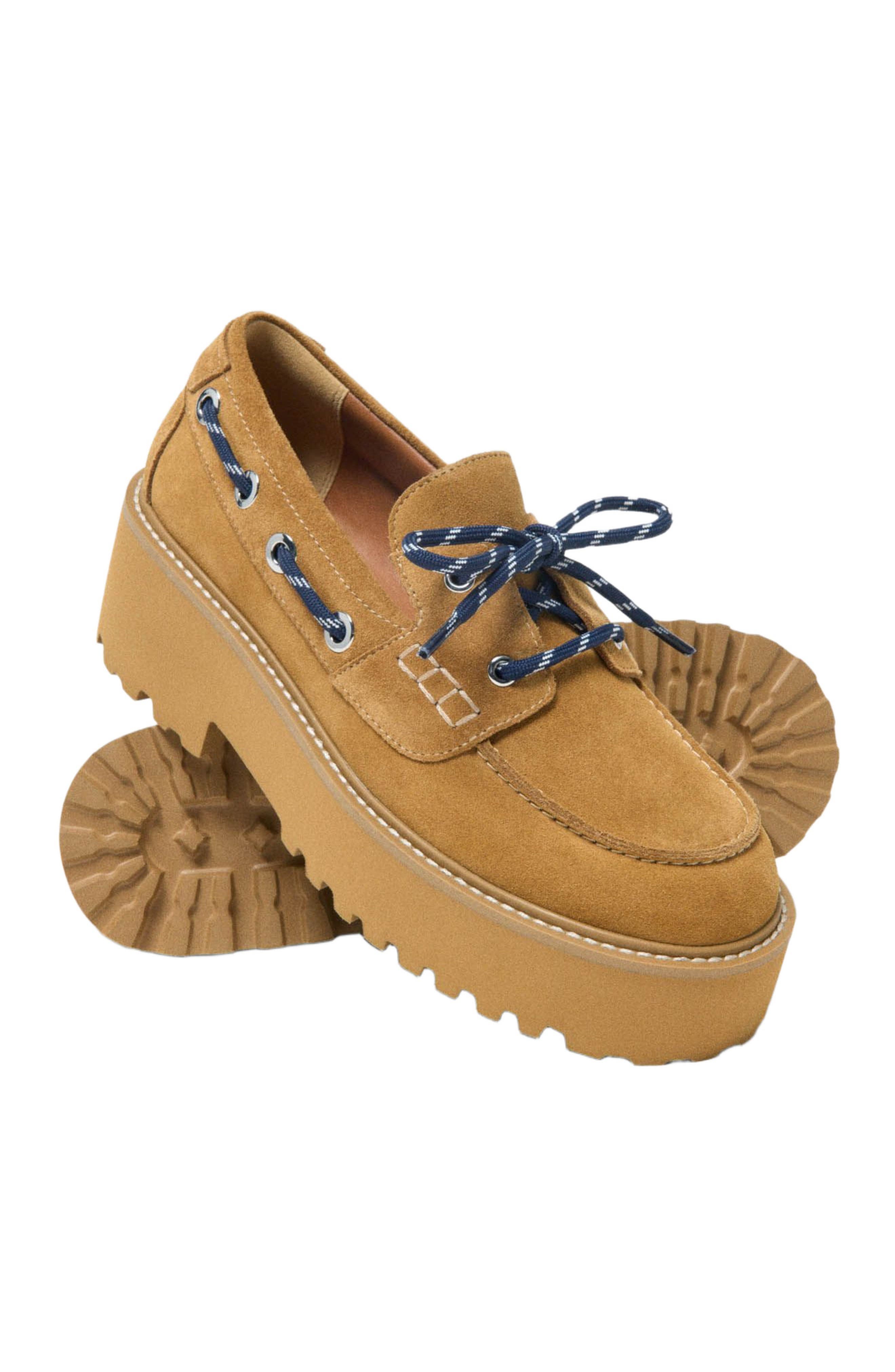 maje Suede platform boat shoes, Alternate, color, Caramel
