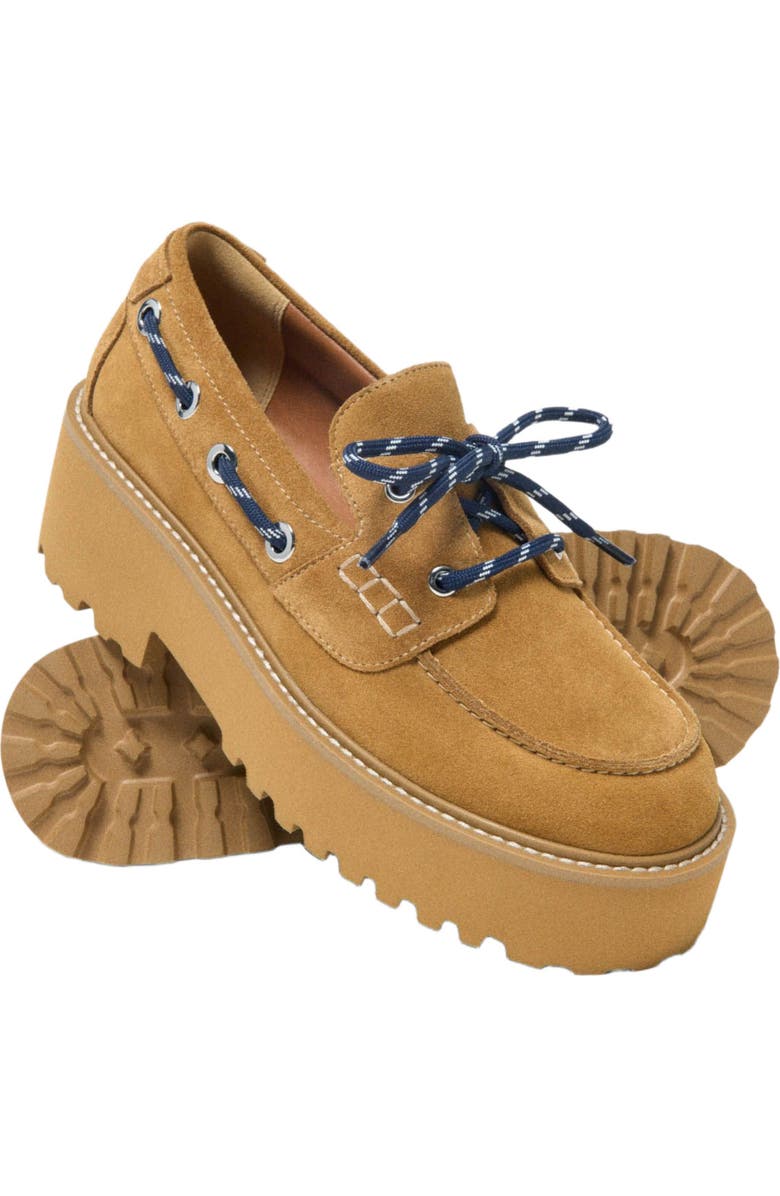 maje Suede platform boat shoes, Alternate, color, Caramel