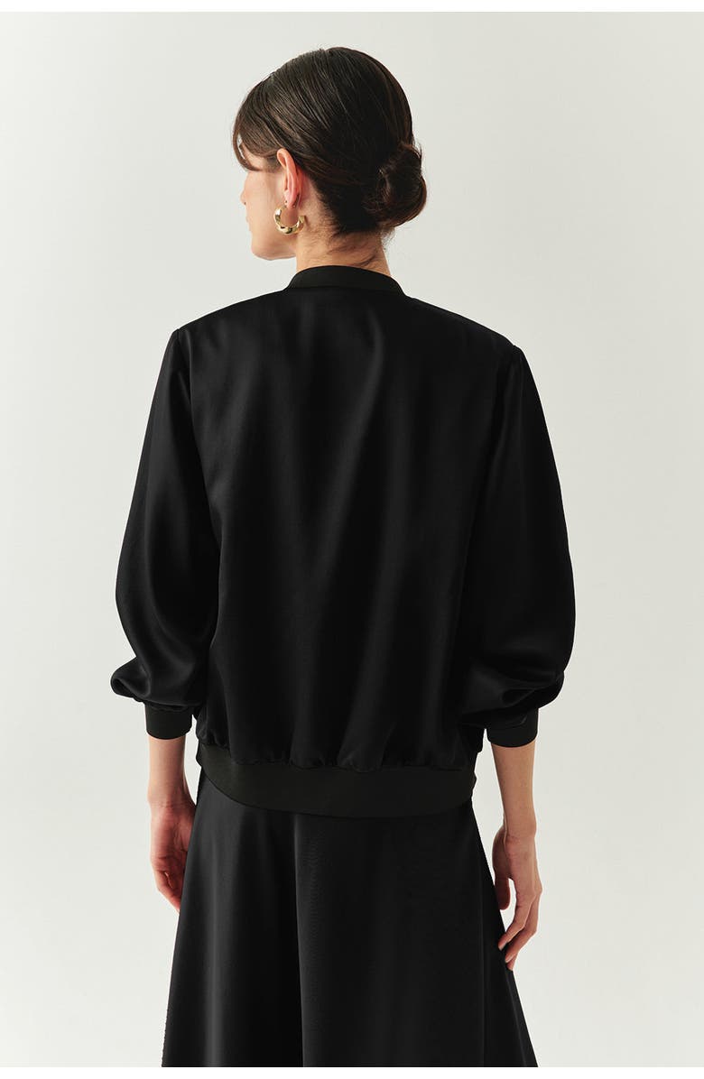 Exquise Lacey Satin Bomber Jacket, Alternate, color, Black