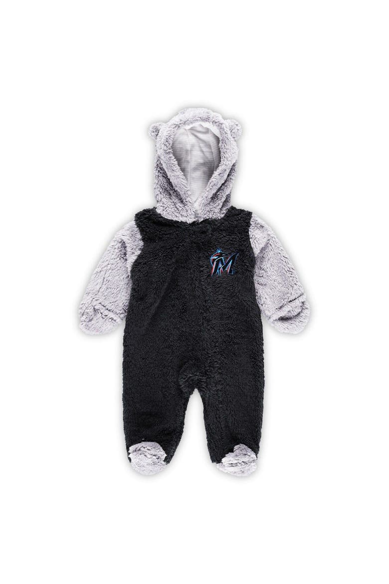 Newborn and Infant Black/Gray Miami Marlins Game Nap Teddy Fleece Bunting Full-Zip Sleeper, Main, color, Black