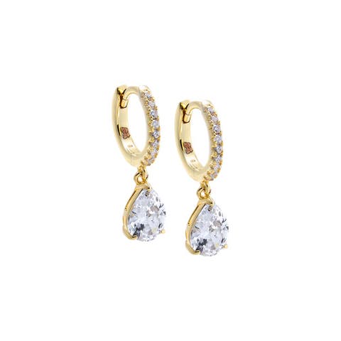 Pave Dangling CZ Pear Huggie Earring