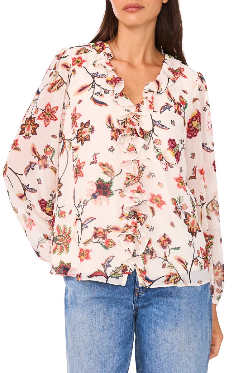 CeCe V-Neck Ruffle Top, Main, color, Buttercream