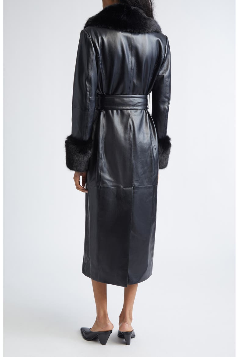 Estella Belted Faux Leather Coat with Faux Fur Trim, Alternate, color, BLACK/ BLACK
