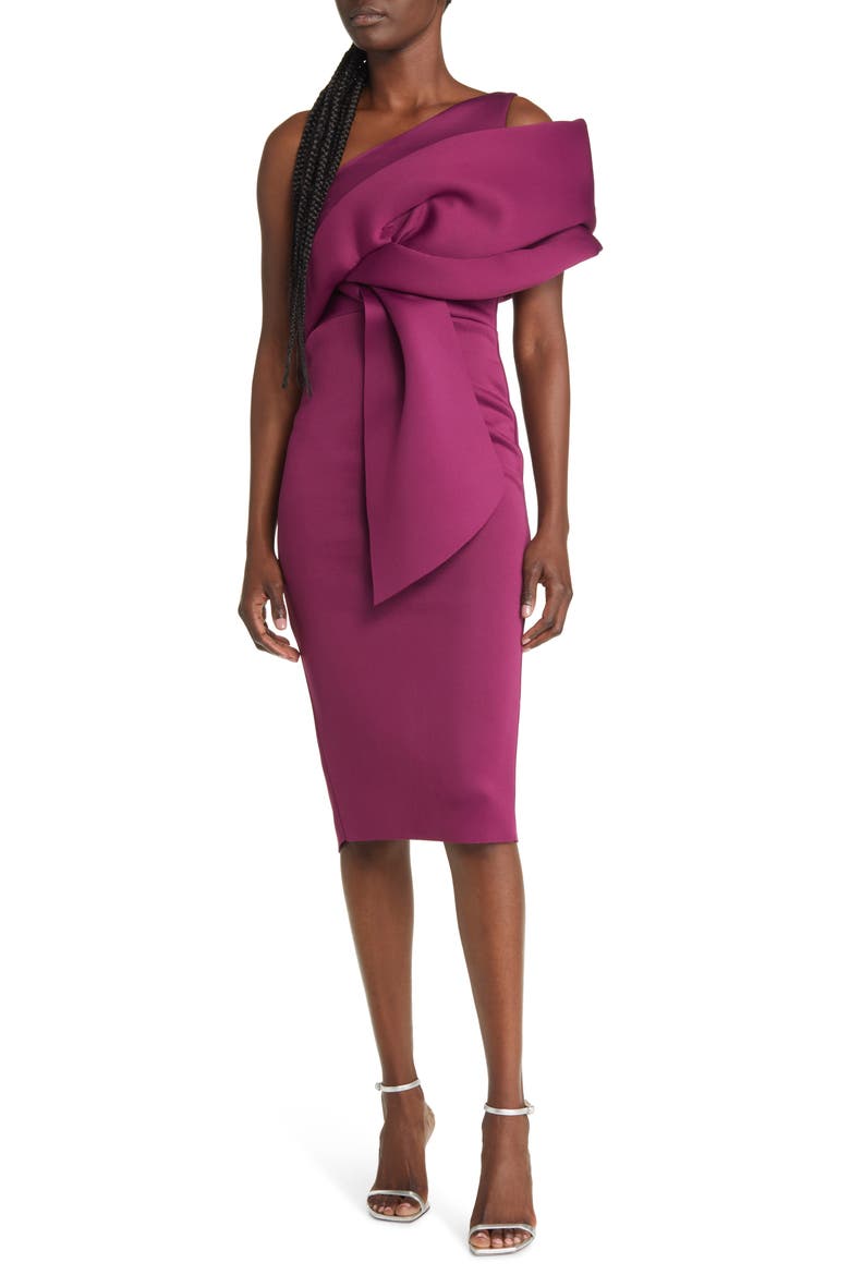 Peekaboo Shoulder Gathered Midi Dress, Main, color, PURPLE
