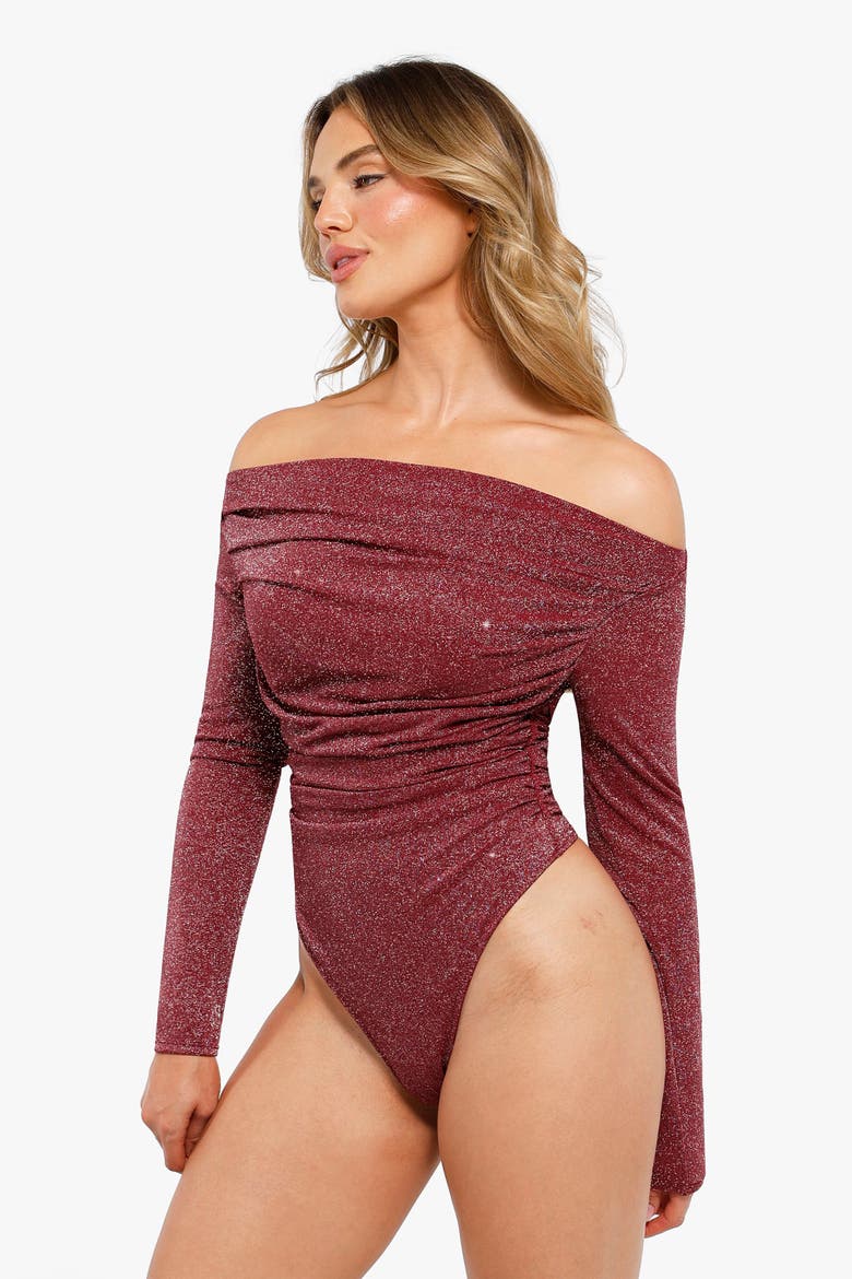 Shapewear Metallic Knit Long Sleeve Slimming Bodysuit, Alternate, color, RUBY