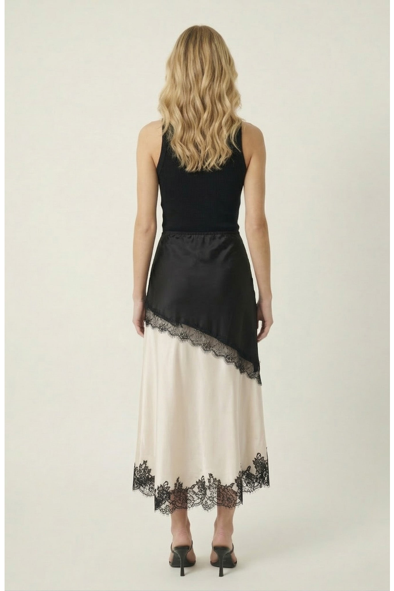 Lace Trim Asymmetric Satin Midi Skirt with Contrast Panel, Alternate, color, Beige