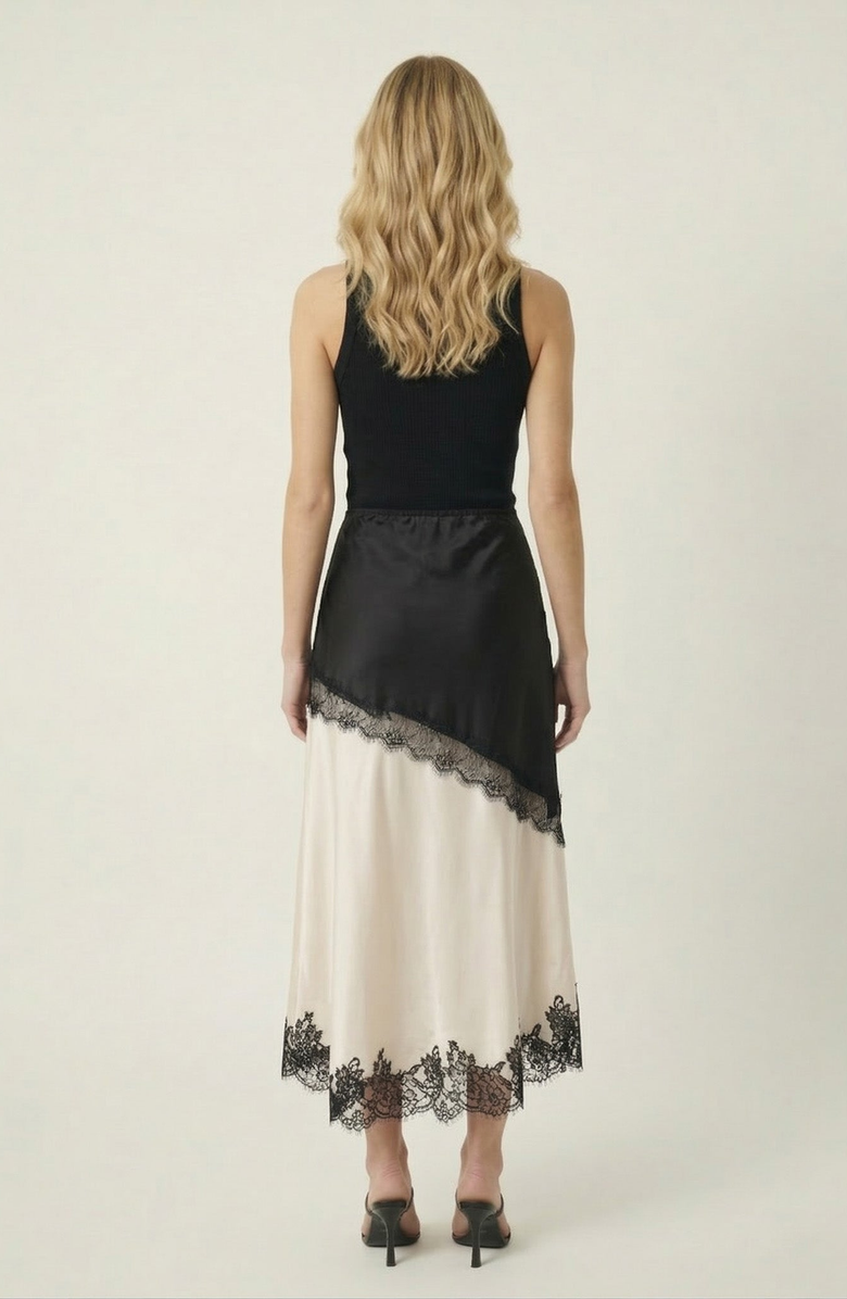Modenaire Lace Trim Asymmetric Satin Midi Skirt with Contrast Panel, Alternate, color, Beige