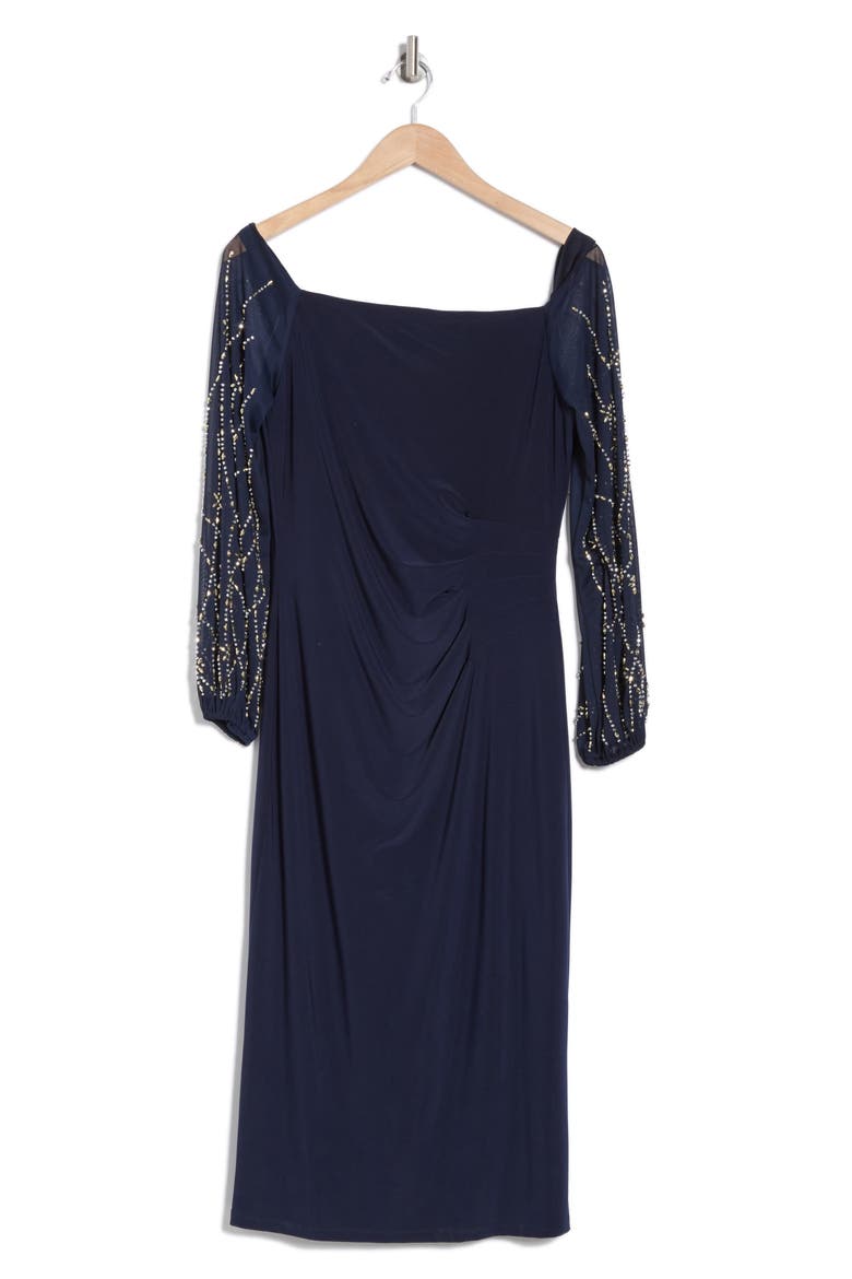 Off the Shoulder Long Sleeve Beaded Midi Dress, Alternate, color, NAVY
