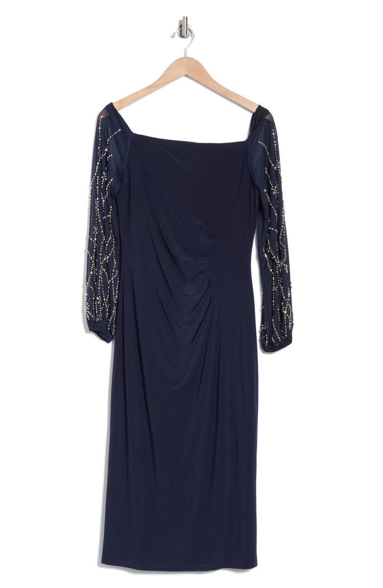 Marina Off the Shoulder Long Sleeve Beaded Midi Dress, Alternate, color, Navy