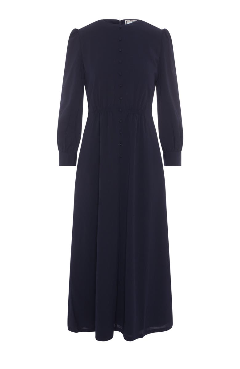 Milan Italy Linen Look Smocked Waist Faux Button Midi Dress, Main, color, Navy
