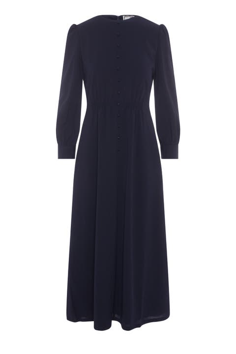 Linen Look Smocked Waist Faux Button Midi Dress