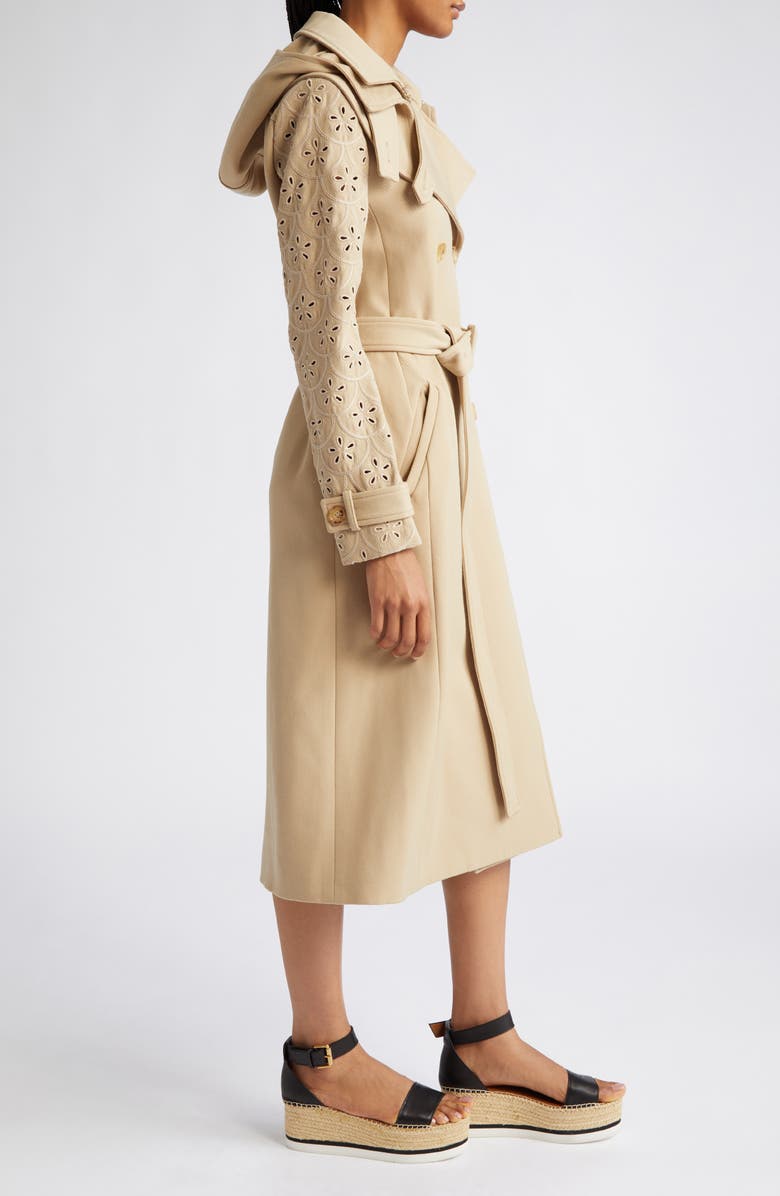 Chloé Eyelet Sleeve Virgin Wool Gabardine Trench Coat, Alternate, color,