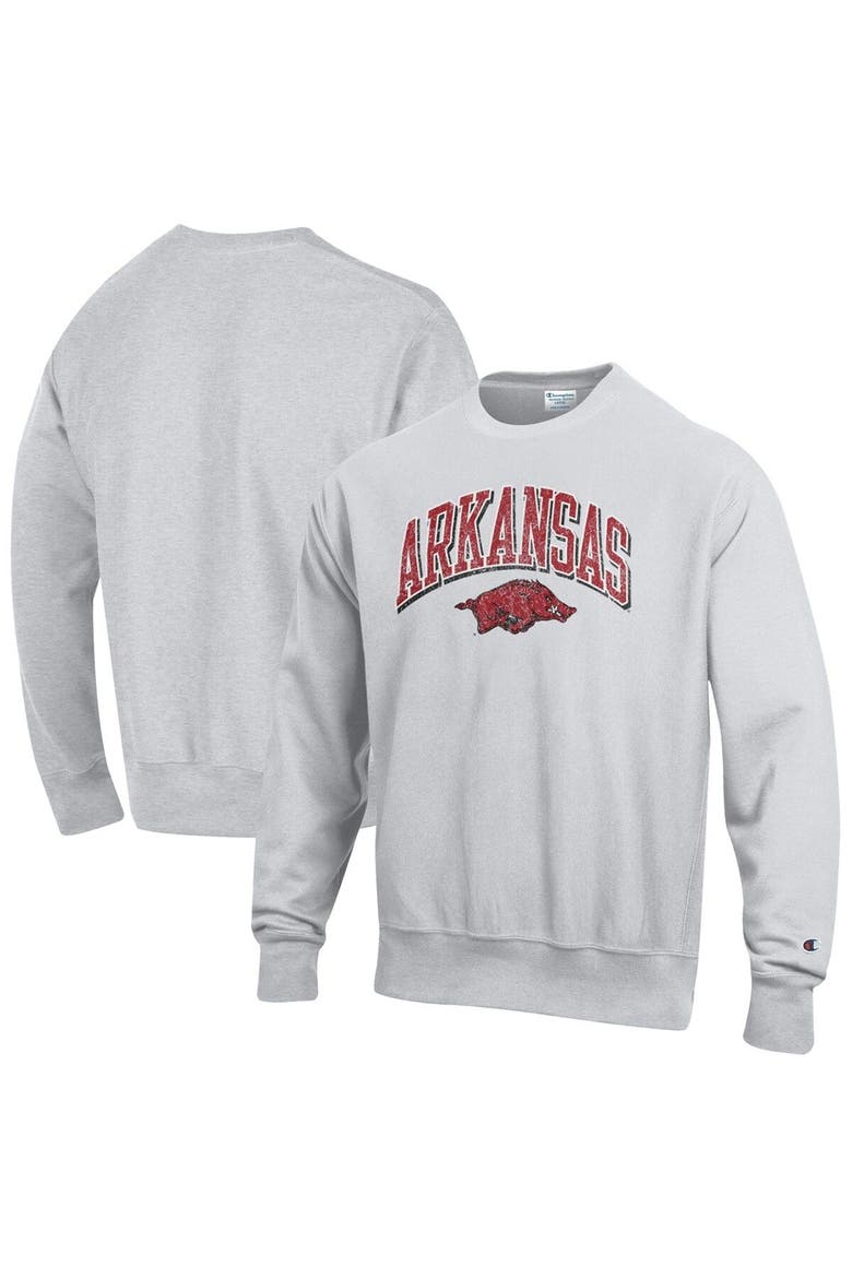 Men's Champion Gray Arkansas Razorbacks Arch Over Logo Reverse Weave Pullover Sweatshirt, Main, color, Gray