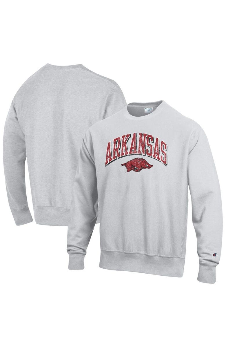 Champion Men's Champion Gray Arkansas Razorbacks Arch Over Logo Reverse Weave Pullover Sweatshirt, Main, color, 
