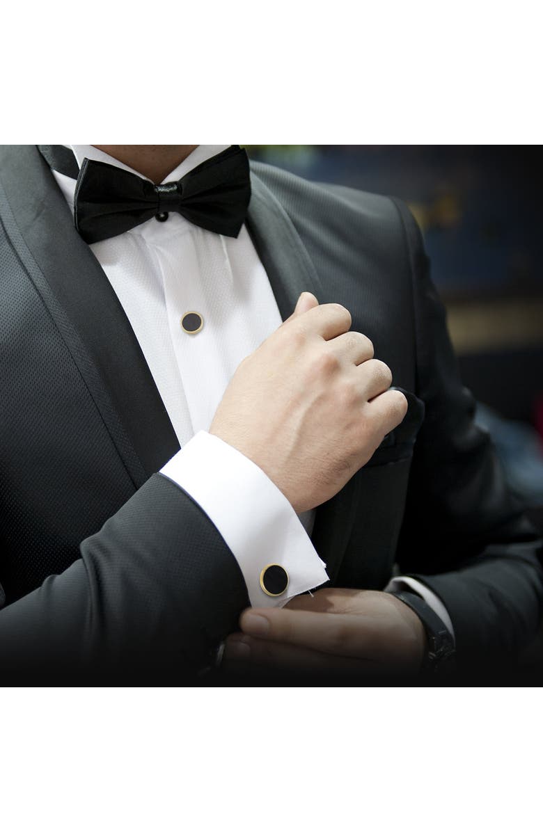 Link Up Classic Round Gold Plated Gemstone Cufflinks And Tuxedo Studs, Alternate, color, Black/Gold