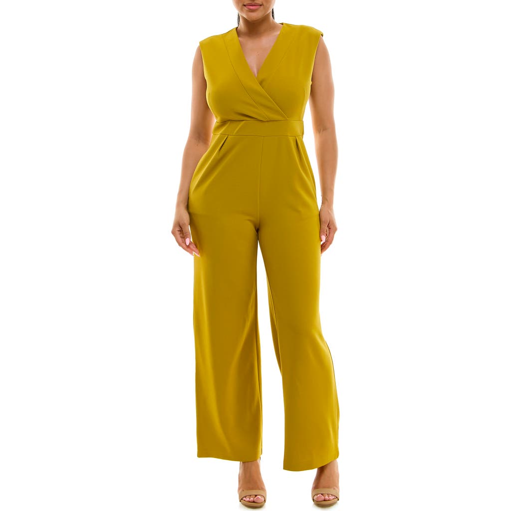 Nina Leonard Surplice V-neck Wide Leg Jumpsuit In Moss