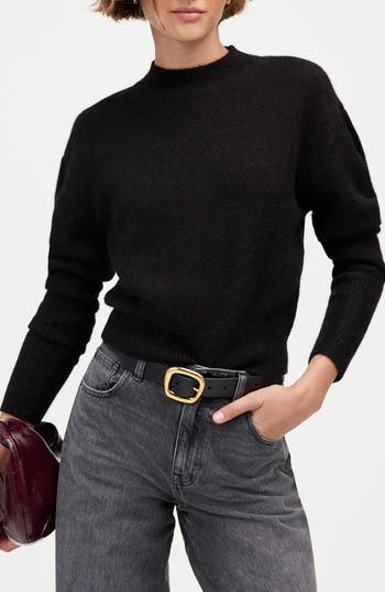 Madewell Mock Neck Puff Sleeve Alpaca Blend Sweater In True Black