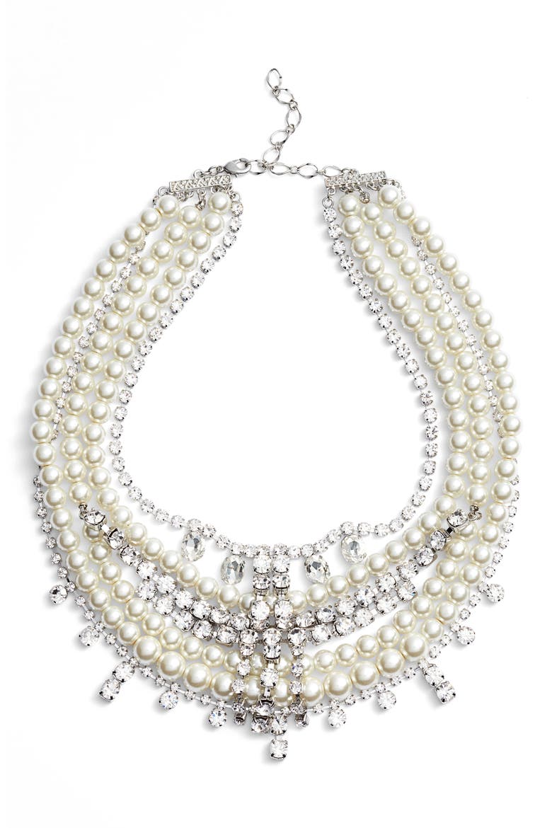 Crystal & Imitation Pearl Multistrand Necklace, Main, color, SILVER