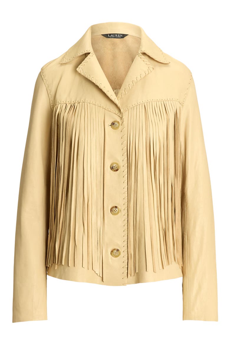 Fringe Trim Lambskin Leather Shirt Jacket, Alternate, color, DESERT CREAM