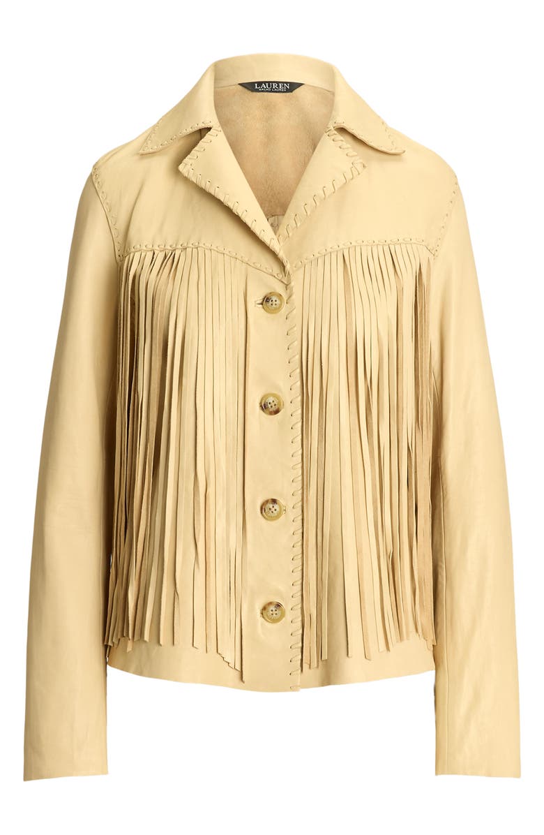 Lauren Ralph Lauren Fringe Trim Lambskin Leather Shirt Jacket, Alternate, color, 