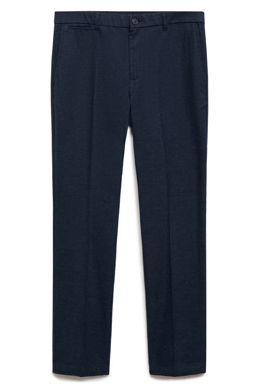 Mango Regular Fit Navy Flat Front Textured Stretch Cotton Pants In Blue