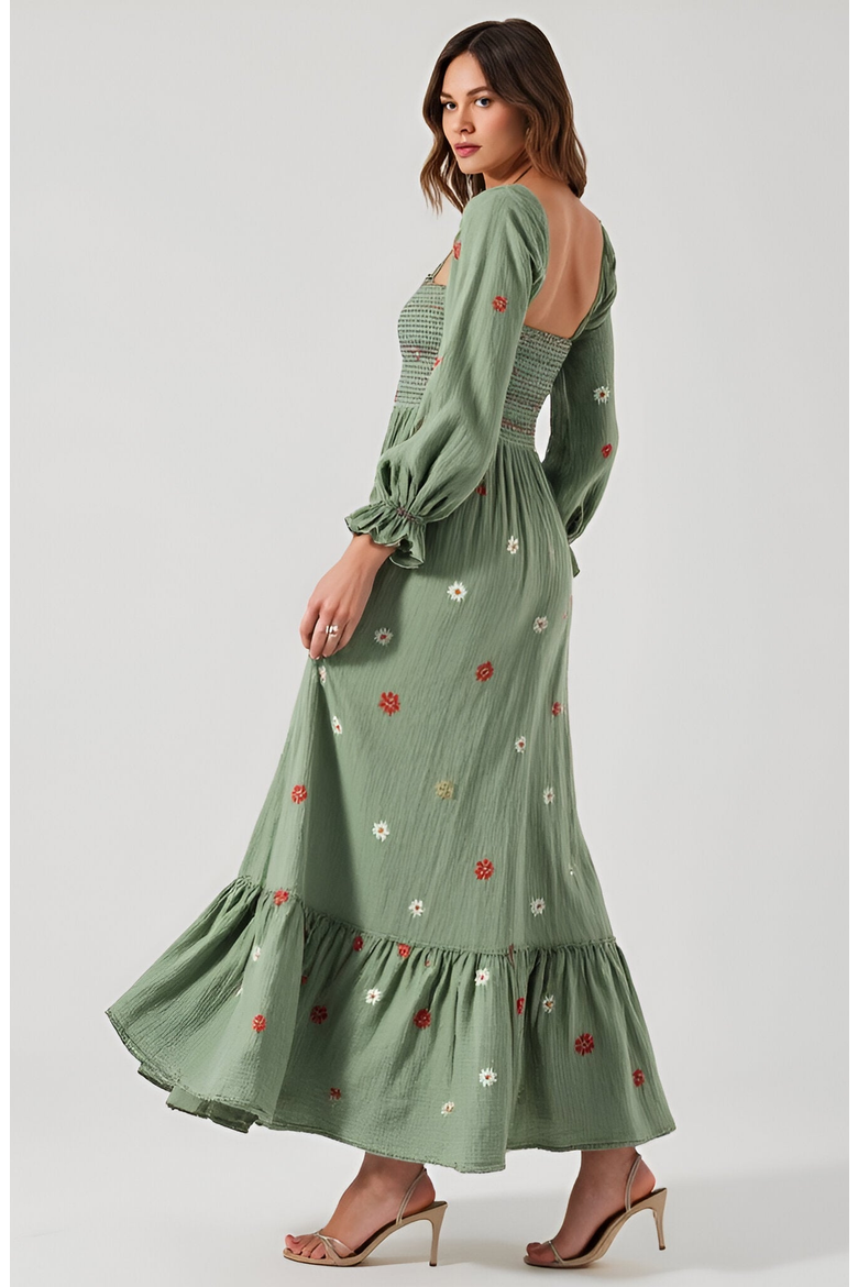 Floral-Embroidered Smocked Tiered Open-Back Maxi Dress, Alternate, color, Floral