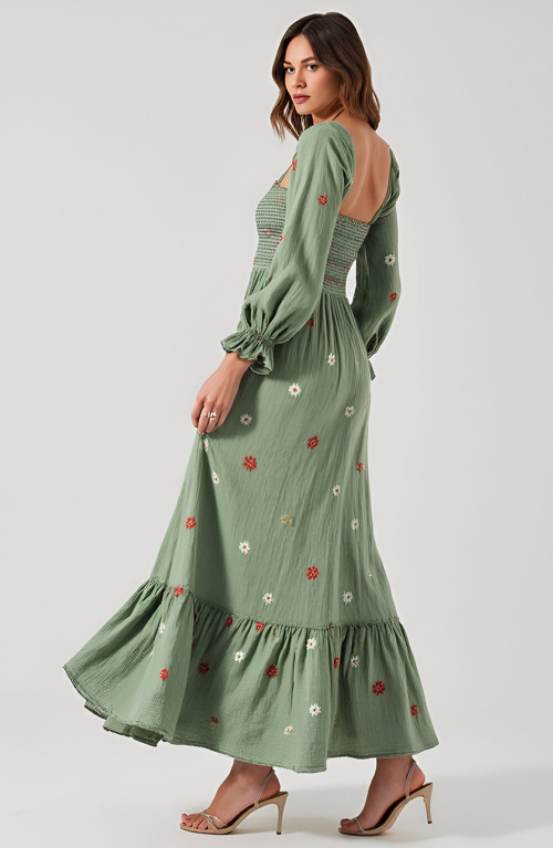 Modenaire Floral-embroidered Smocked Tiered Open-back Maxi Dress In Green