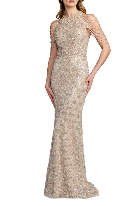Draped Pearl Embellished Column Gown
