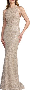 Mac Duggal Draped Pearl Embellished Column Gown