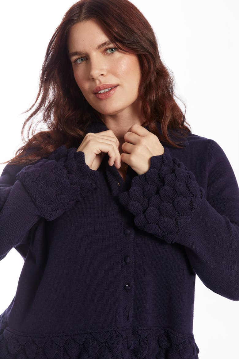 Ruffled Peplum Cardigan Sweater, Alternate, color, INKLING