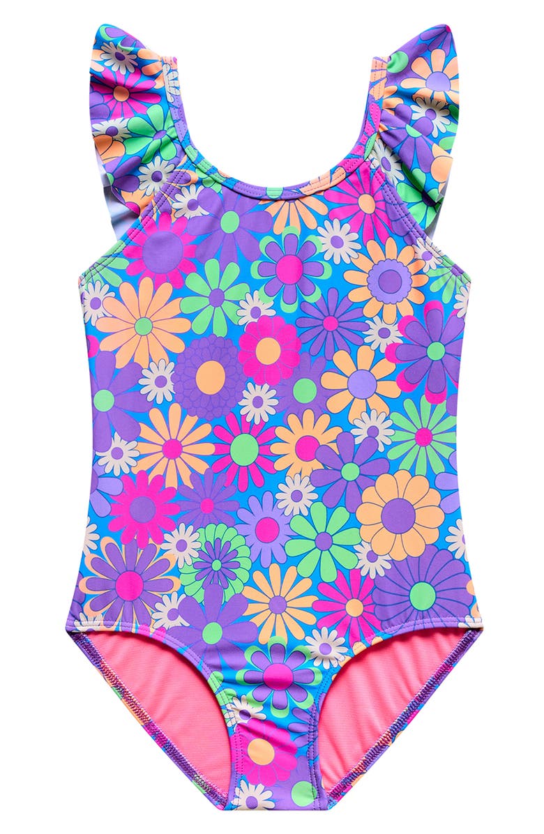 Beach Lingo Kids' Ruffle Strap One-Piece Swimsuit, Main, color, Purple Multi