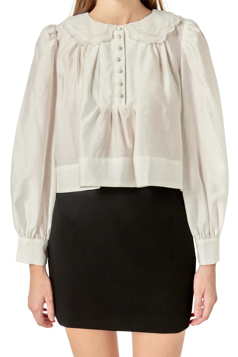 Lace Collar Shirred Puff Sleeve Top, Main, color, WHITE