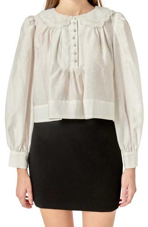 Lace Collar Shirred Puff Sleeve Top