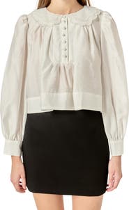English Factory Lace Collar Shirred Puff Sleeve Top