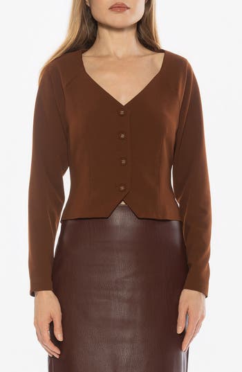 Alexia Admor Delyra Back Belt Front Button Crop Top In Brown