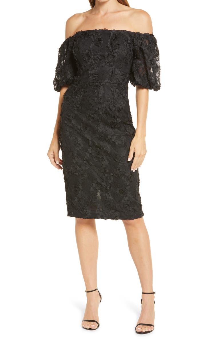 Xscape Evenings Xscape Off-the-Shoulder 3D Lace Sheath Dress, Main, color, 