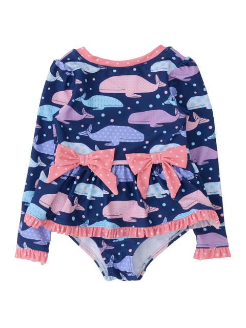 UPF50+ Long Sleeve One Piece Bow Peplum Rash Guard Swimsuit
