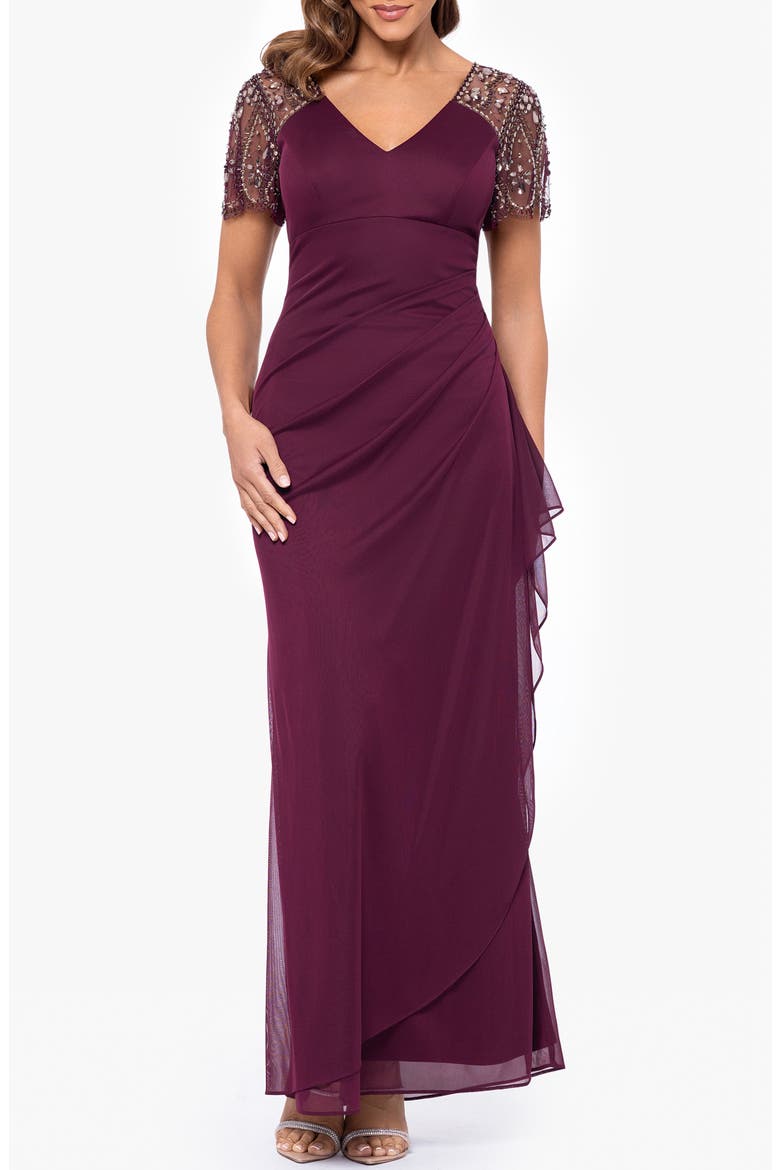 Xscape Beaded Sleeve Ruched Column Gown, Main, color, WINE/ ANTIQUE