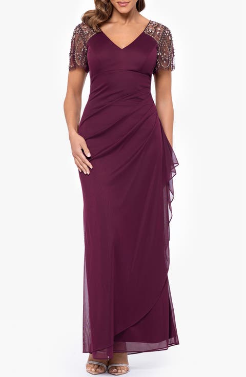 Xscape Beaded Sleeve Ruched Column Gown