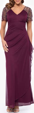 Xscape Evenings Xscape Beaded Sleeve Ruched Column Gown