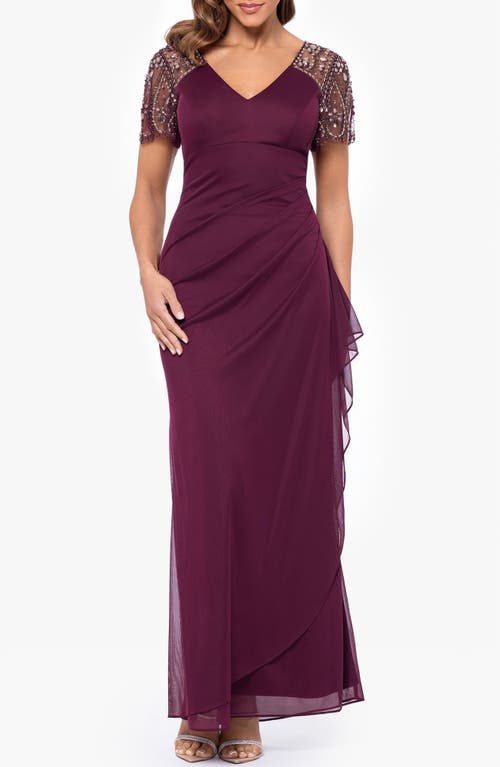 Xscape Evenings Xscape Beaded Sleeve Ruched Column Gown In Purple