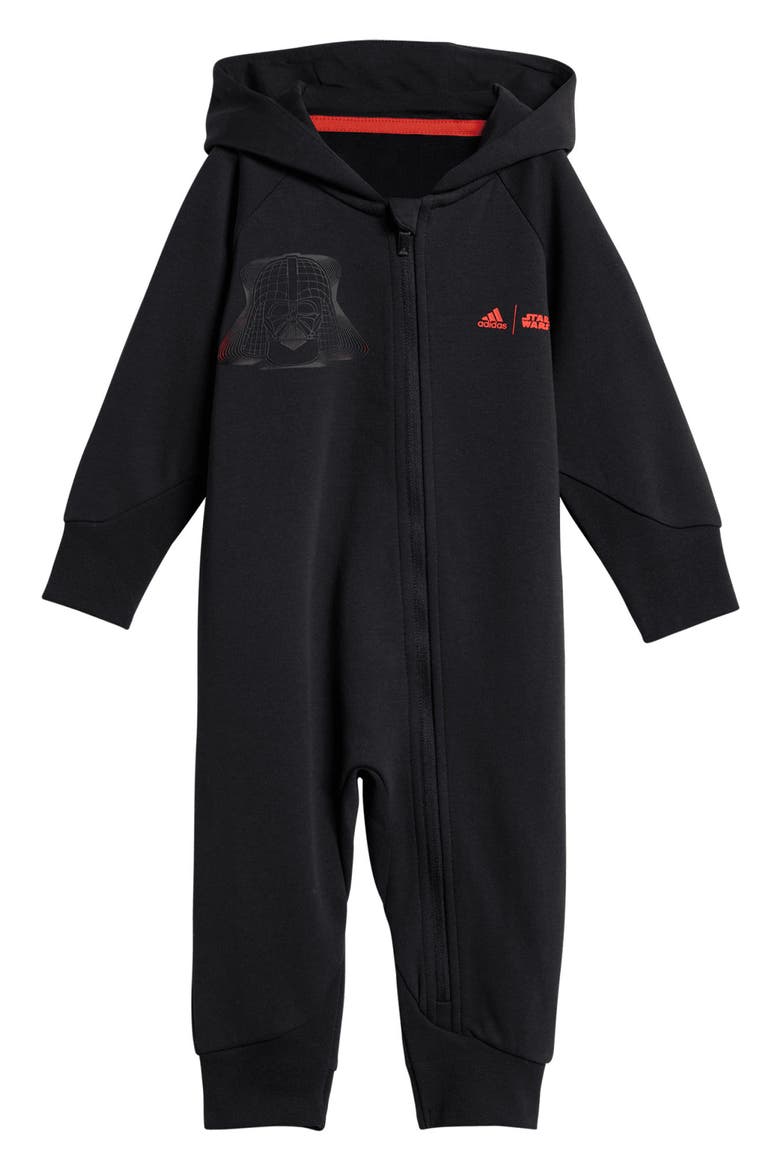 x Disney Z.N.E. 'Star Wars' Hooded Zip Romper, Main, color, BLACK/ BRIGHT RED