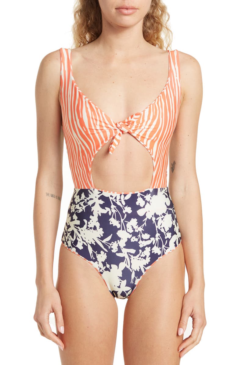 Maaji Serengueti Sherbet Reversible Tie Front One-Piece Swimsuit, Alternate, color, 