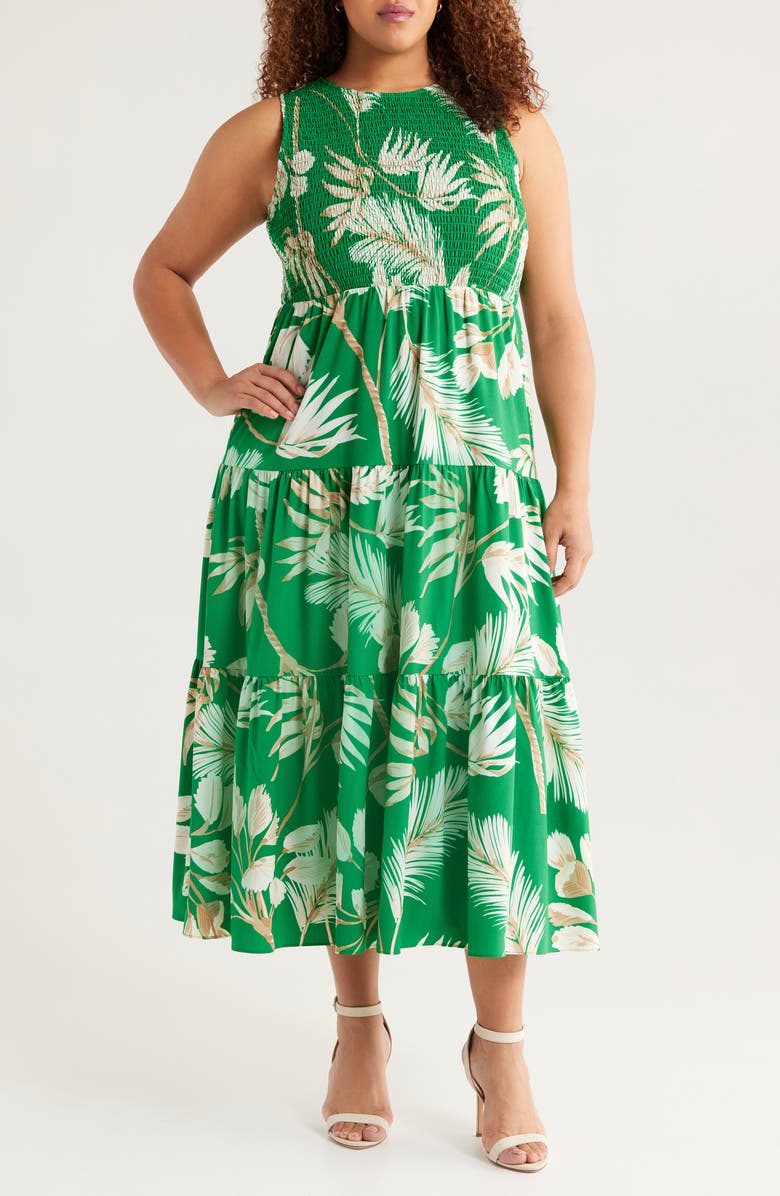 Anne Klein Palm Print Smocked Tiered Maxi Dress, Main, color, Tropical Green Multi