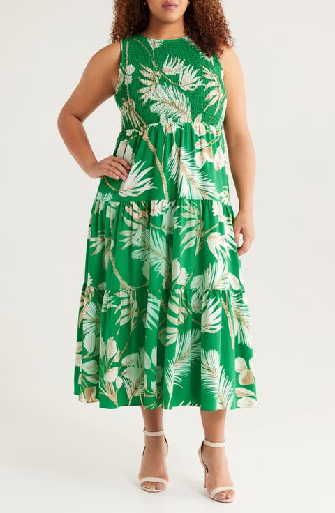 Palm Print Smocked Tiered Maxi Dress (Plus)